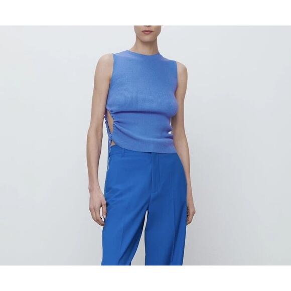 Zara Sleeveless Side Key Hole Tie Ruched Ribbed Tank Top Crop Tank Top S Blue - Picture 12 of 15
